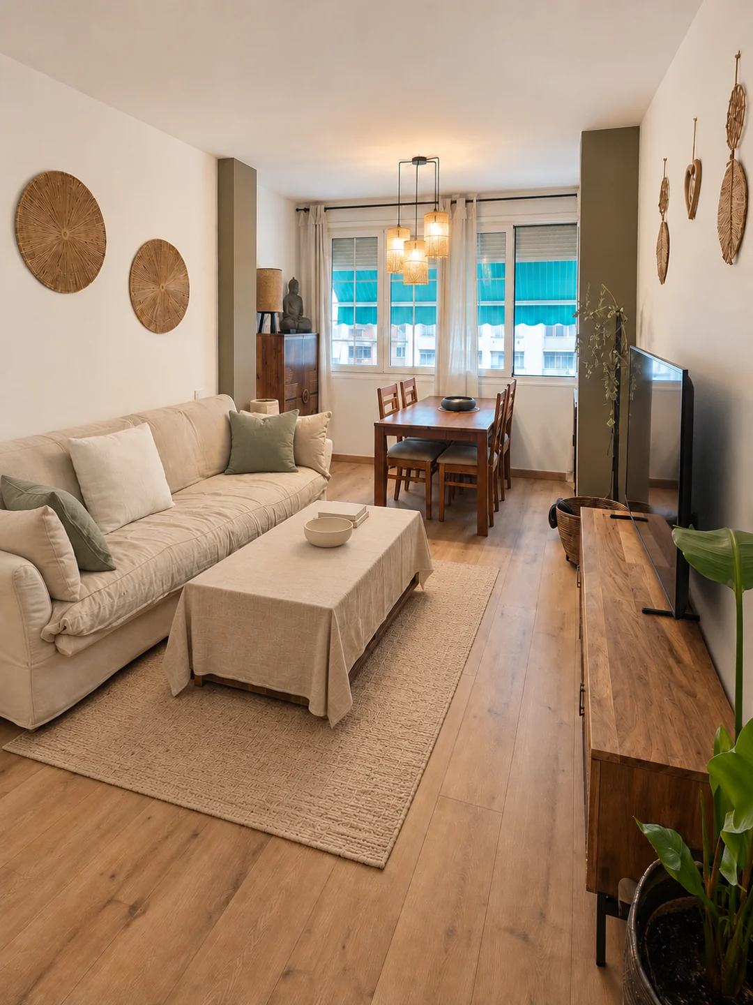 Salón comedor de Almogàvers con madera, sofá claro y una paleta natural