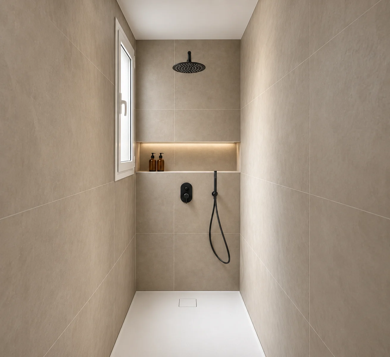 Ducha con revestimiento neutro, grifería negra y hornacina iluminada