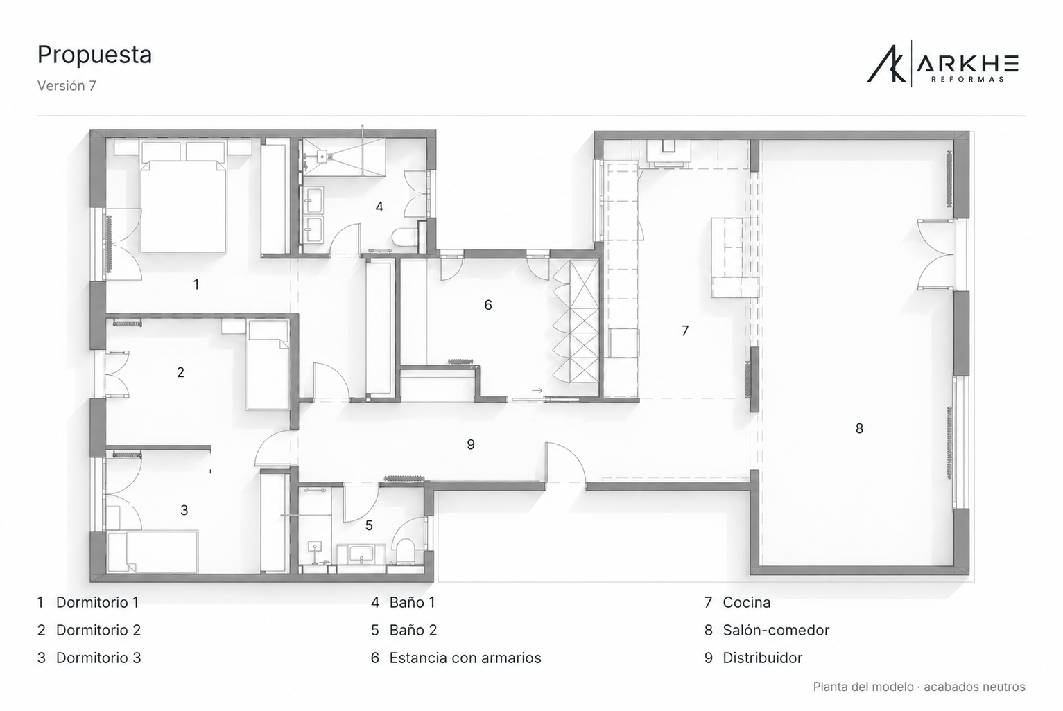 Planta ilustrada de la propuesta de Balmes, versión 7. Una apertura conecta la cocina, número 7, con el salón-comedor, número 8, y cambia la relación con el distribuidor.