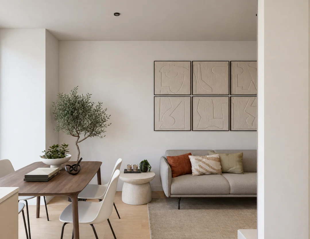 Propuesta de interiorismo para Pallars: comedor y salón con madera y tonos claros
