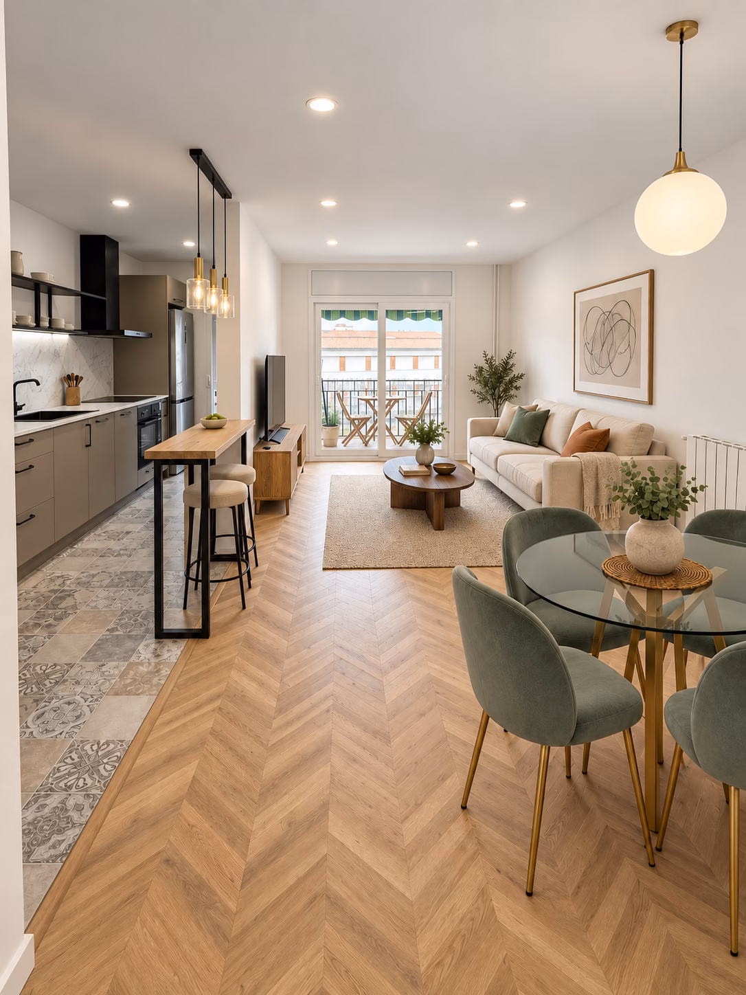 Vista conjunta de cocina, comedor y salón en una obra de Arkhe en El Prat de Llobregat