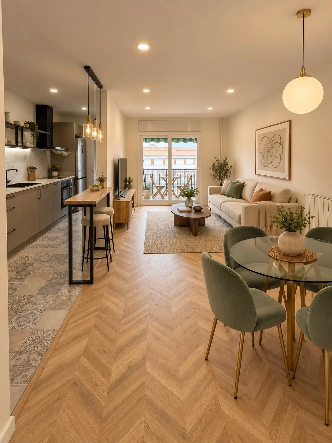 Cocina abierta al salón con suelo en espiga