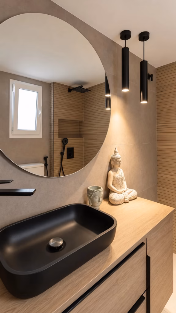 Baño con lavabo oscuro y espejo circular