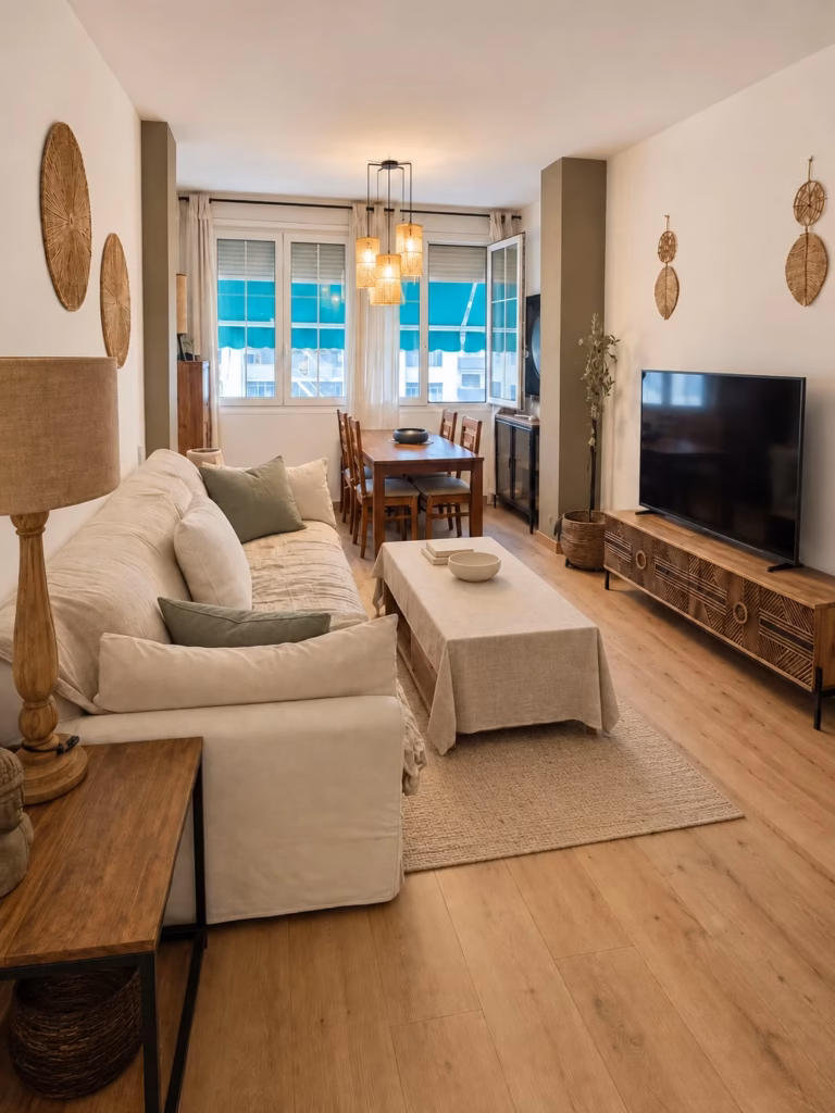 Salón cálido con pavimento de madera y sofá claro en Almogàvers