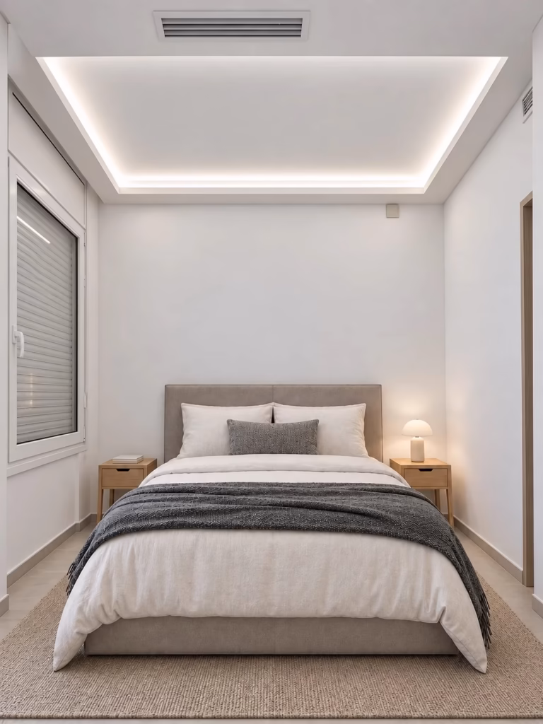 Dormitorio con iluminación integrada y materiales serenos