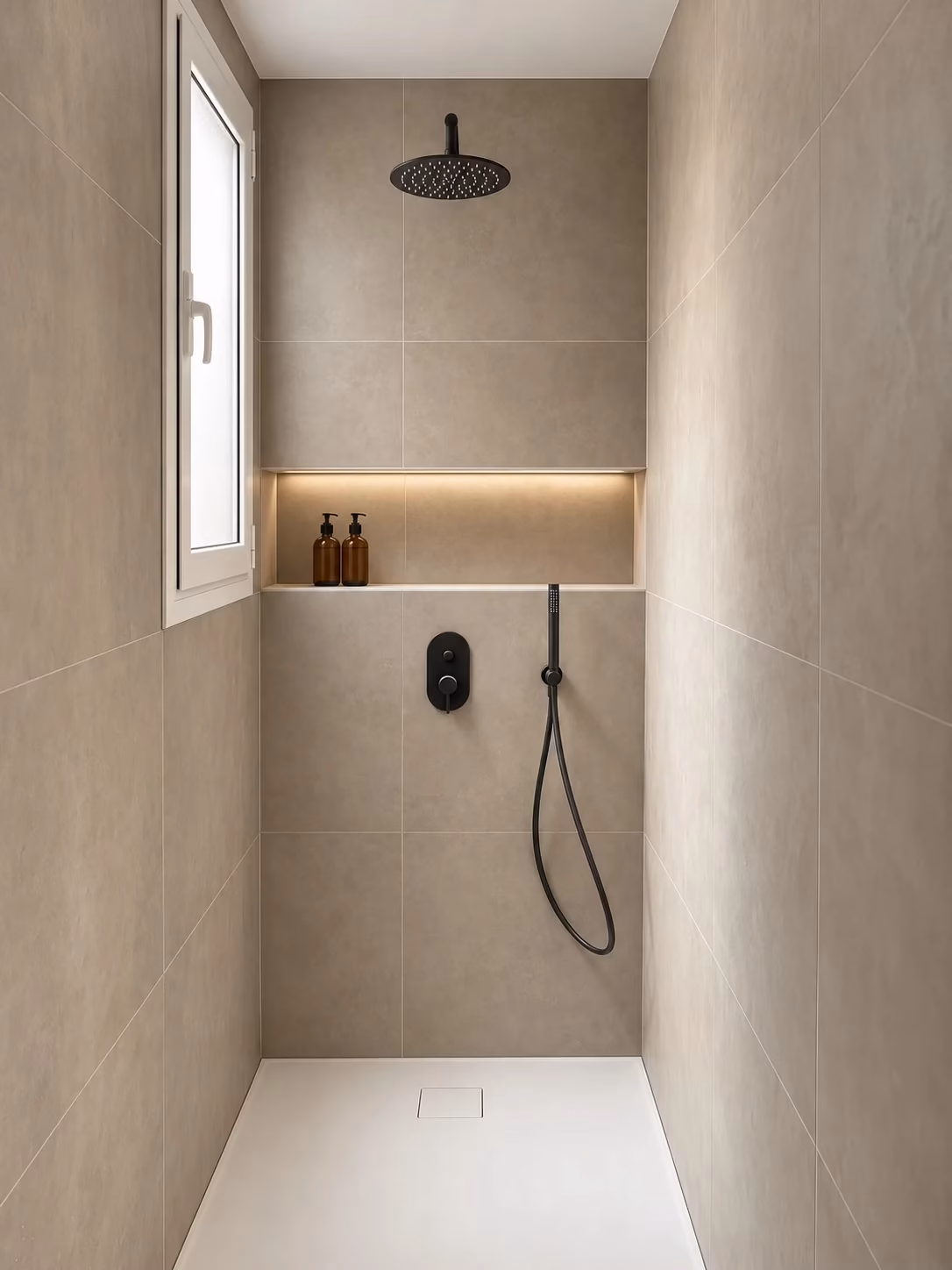 Ducha con hornacina iluminada en un baño del proyecto de Arkhe en Sarrià