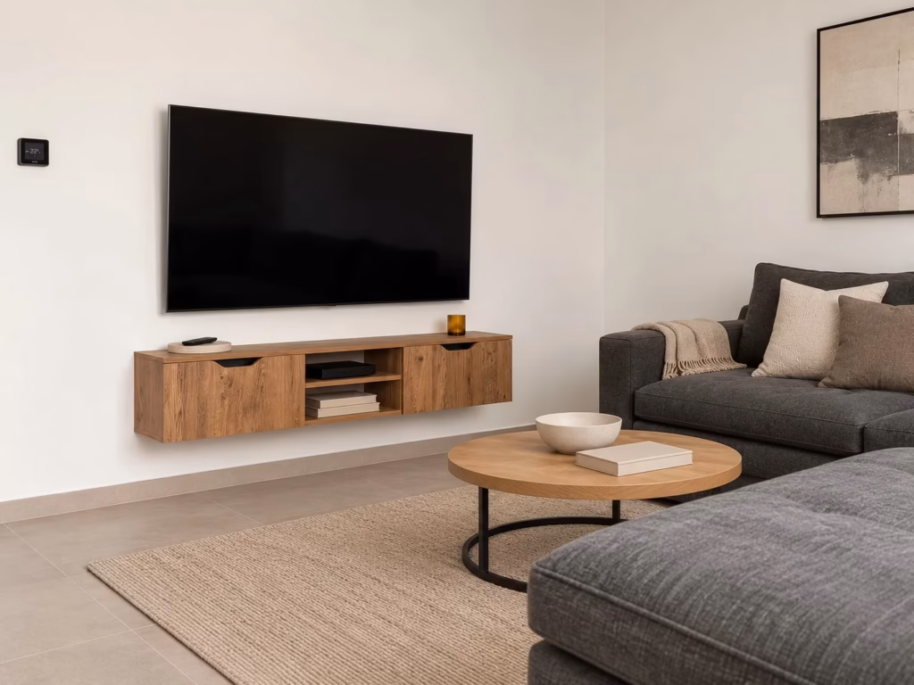 Salón de tonos grafito, madera y tejidos naturales