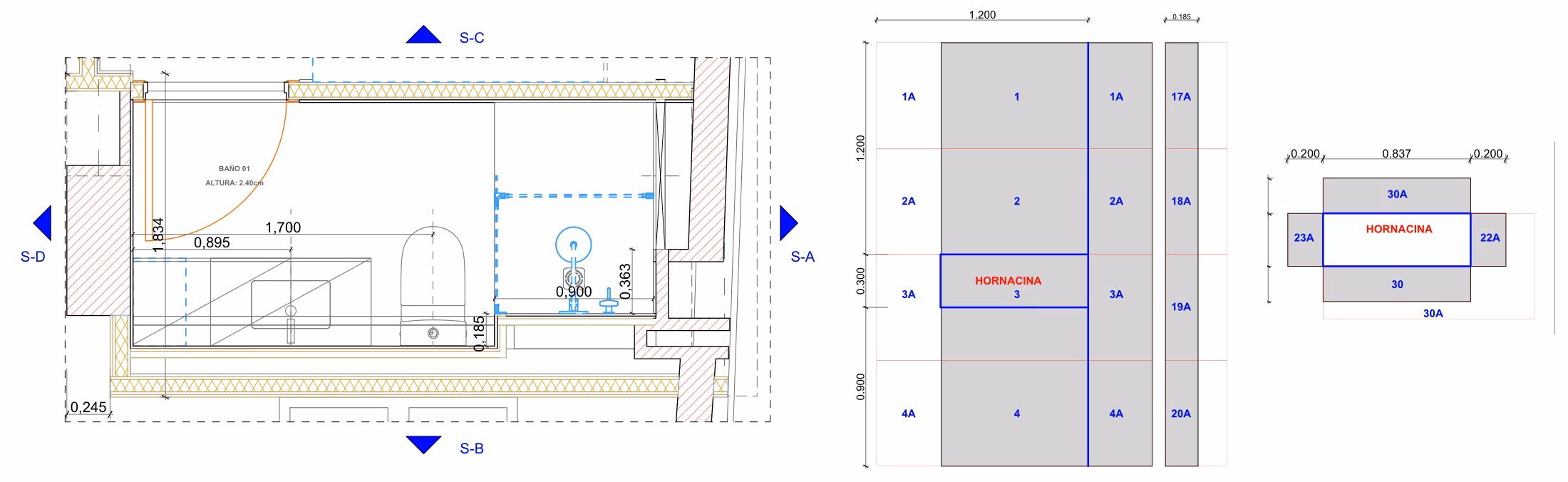 Plano del baño de Aribau con planta, despiece del revestimiento y detalle de la hornacina.